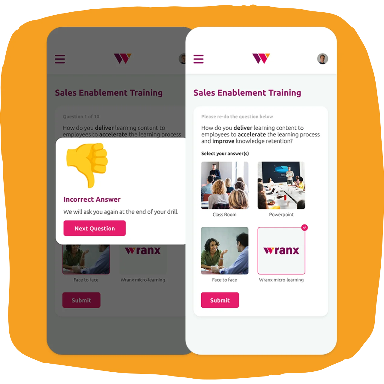 Certainty Based Marking (CBM) widget from the Wranx platform and app showing a winking, eye roll and upside down smile emoji